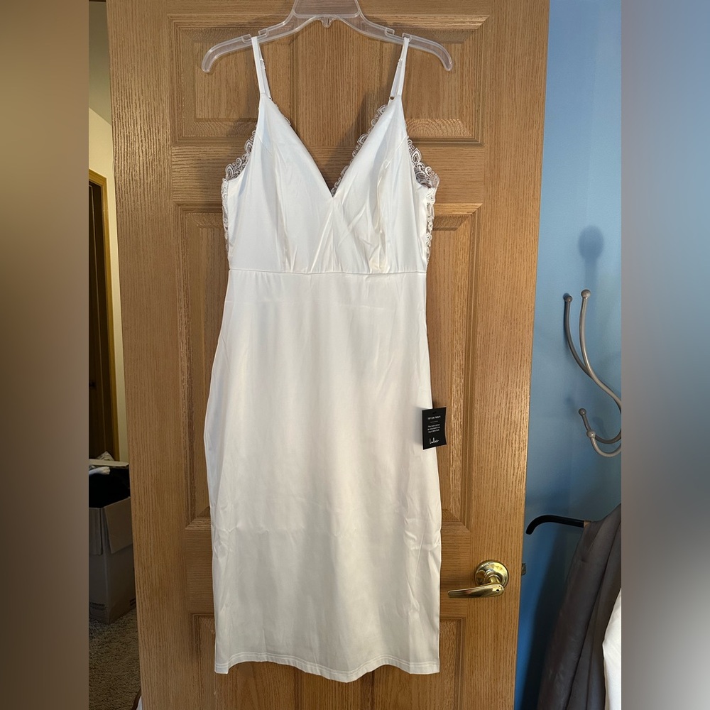 Lulus Stunning Sight White Embroidered Lace Satin Midi Dress